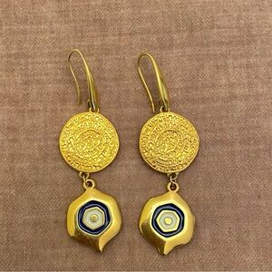 Greek evil eye and coin gold earrings